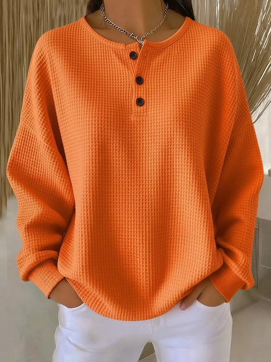 Women's Relaxed Waffle Knit Sweater Henley Long Sleeve Top - Front View | Lavisa