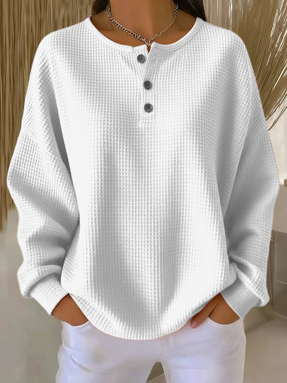 Women's Relaxed Waffle Knit Sweater Henley Long Sleeve Top - Back View | Lavisa