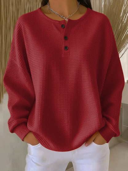 Women's Relaxed Waffle Knit Sweater Henley Long Sleeve Top - Close-Up Texture & Detail | Lavisa