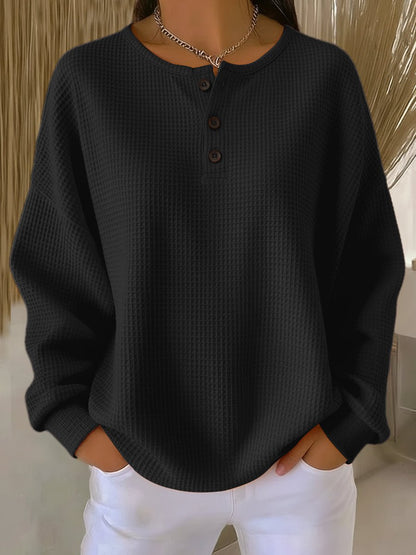 Women's Relaxed Waffle Knit Sweater Henley Long Sleeve Top - Sole & Material View | Lavisa