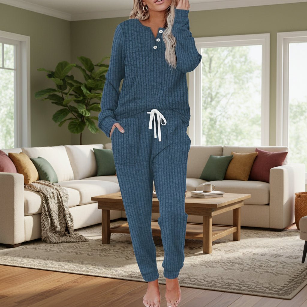 Women's Ribbed Button-Neck Long-Sleeve Loungewear Two-Piece Set - Variant Style 13 | Lavisa