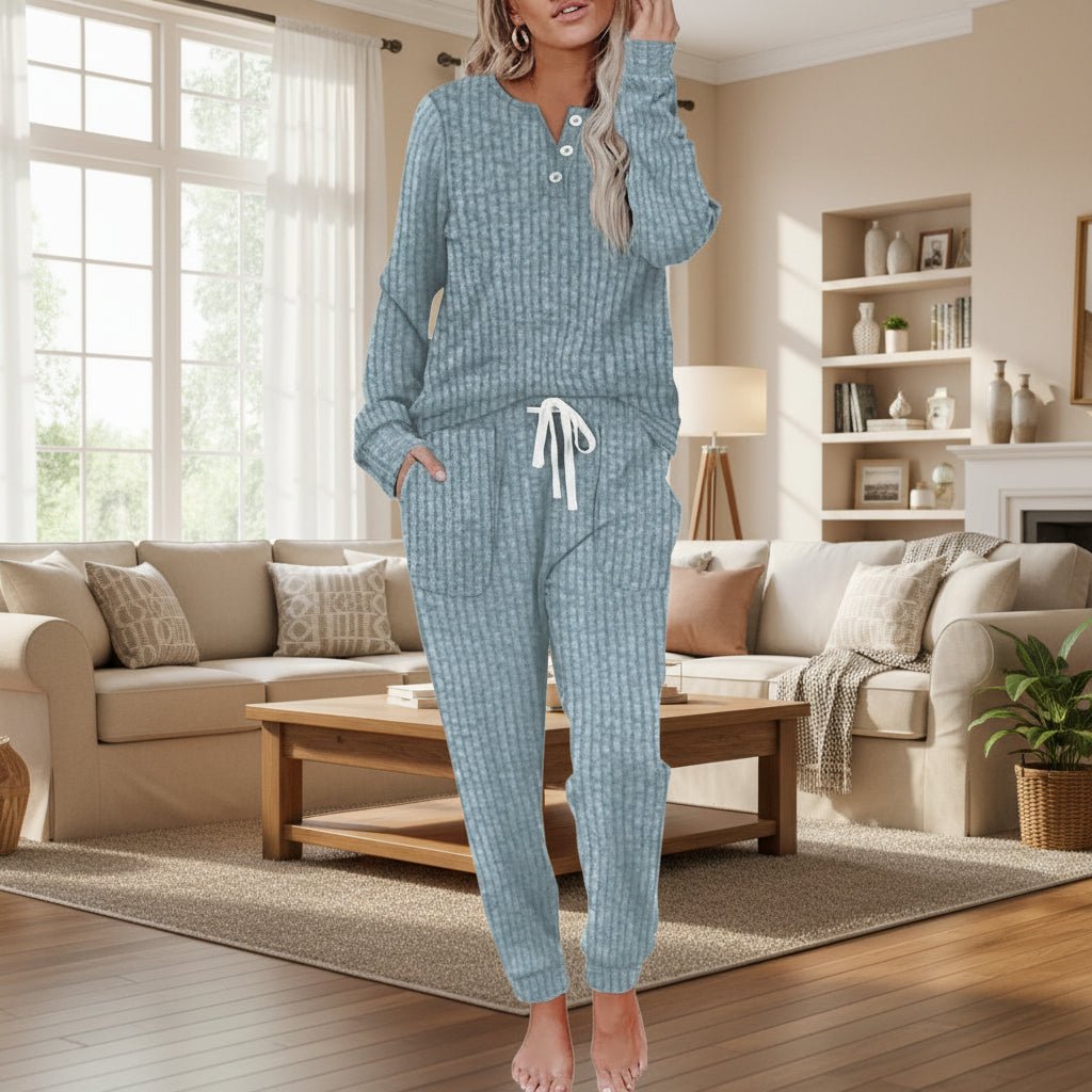 Women's Ribbed Button-Neck Long-Sleeve Loungewear Two-Piece Set - Variant Style 14 | Lavisa