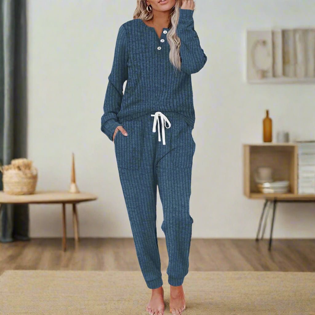 Women's Ribbed Button-Neck Long-Sleeve Loungewear Two-Piece Set - Lifestyle & Model Angle | Lavisa