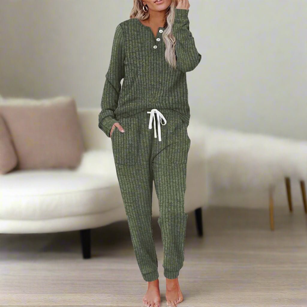 Women's Ribbed Button-Neck Long-Sleeve Loungewear Two-Piece Set - Variant Style 8 | Lavisa