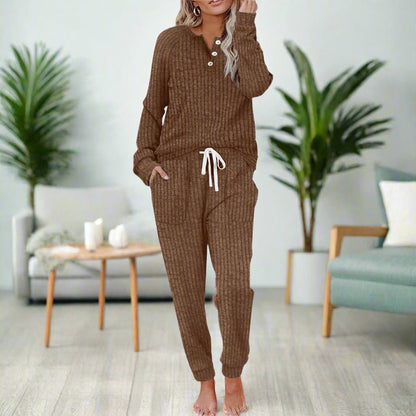 Women's Ribbed Button-Neck Long-Sleeve Loungewear Two-Piece Set - Variant Style 9 | Lavisa