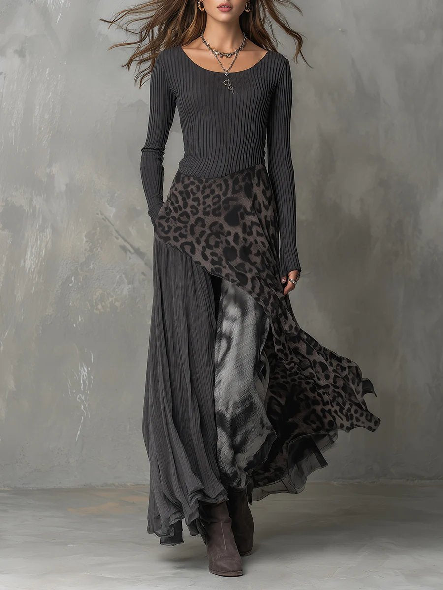 Lavisa - Ribbed Knit Leopard Print Maxi Dress