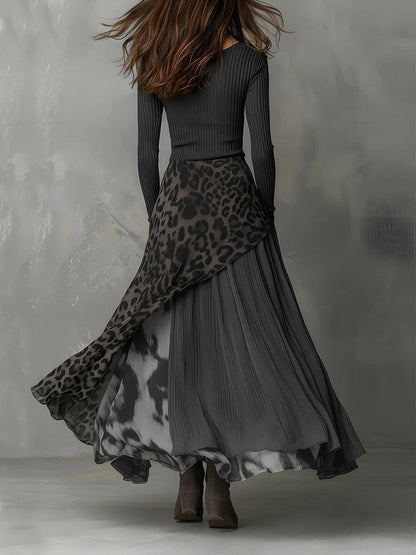 Lavisa - Ribbed Knit Leopard Print Maxi Dress