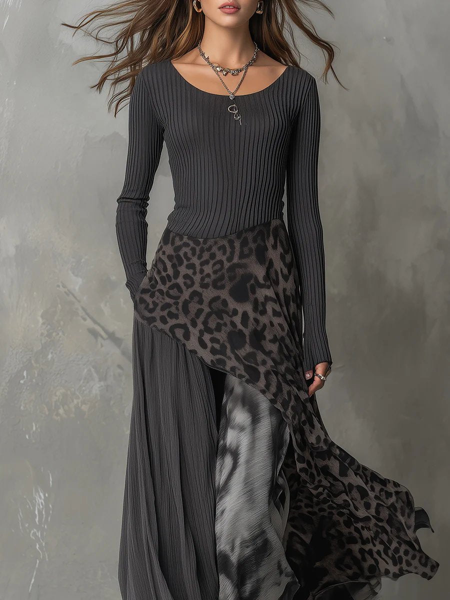 Lavisa - Ribbed Knit Leopard Print Maxi Dress