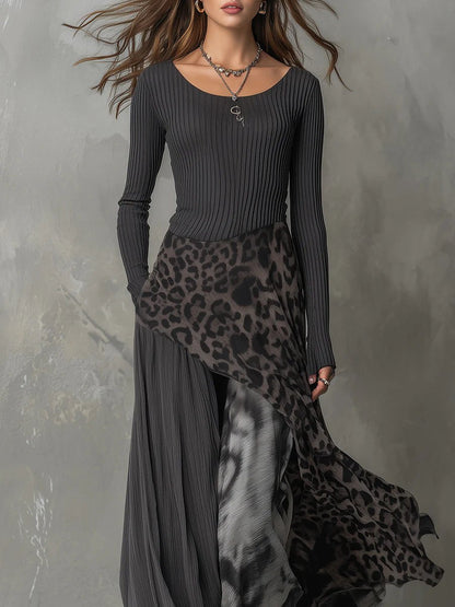 Lavisa - Ribbed Knit Leopard Print Maxi Dress