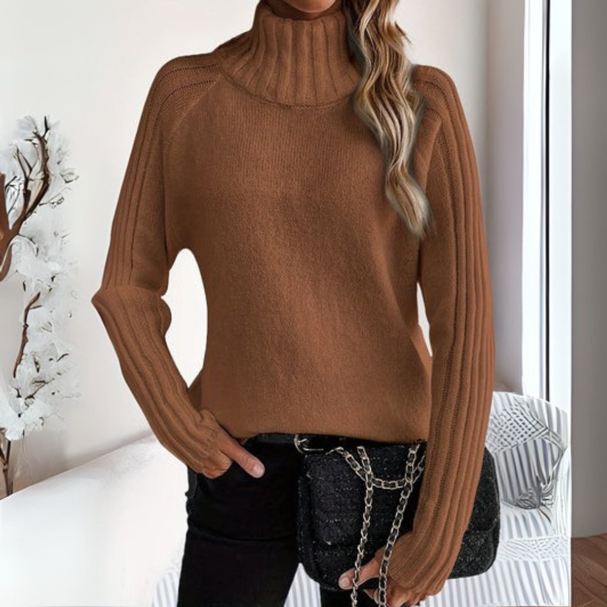 Women's Ribbed Knit Turtleneck Sweater - Side Angle | Lavisa