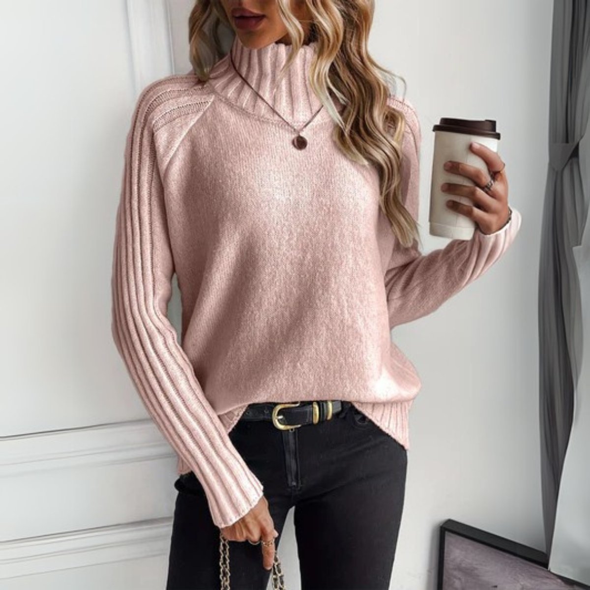 Women's Ribbed Knit Turtleneck Sweater - Back View | Lavisa