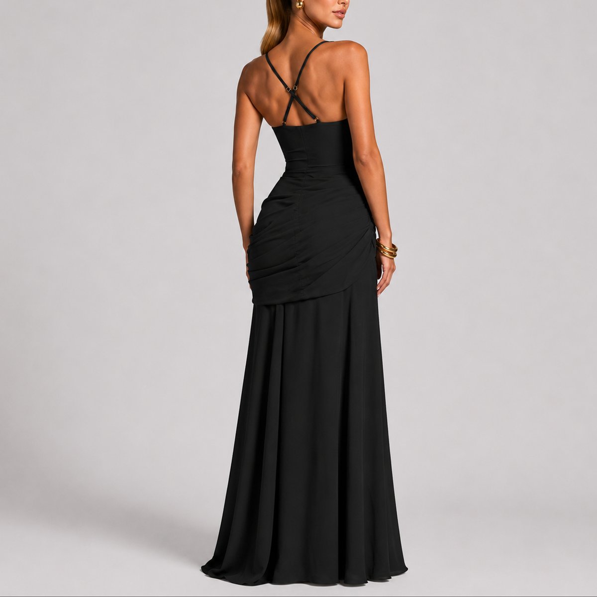 Women's Ruched Square-Neck Maxi Fall Wedding Guest Dress - Side Angle | Lavisa