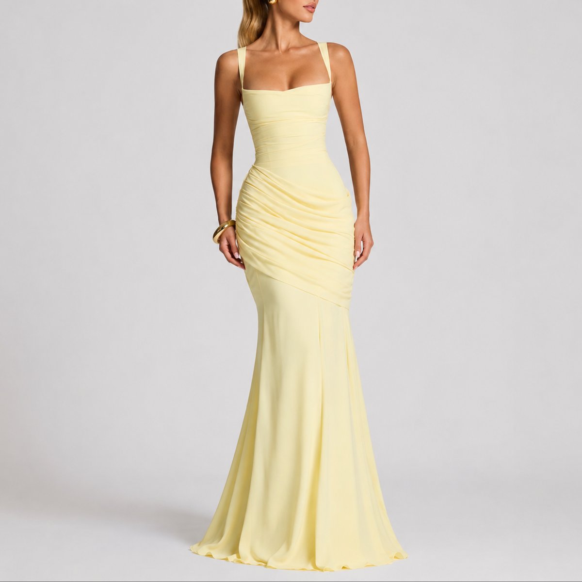 Women's Ruched Square-Neck Maxi Fall Wedding Guest Dress - Back View | Lavisa