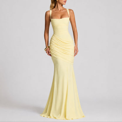 Women's Ruched Square-Neck Maxi Fall Wedding Guest Dress - Back View | Lavisa