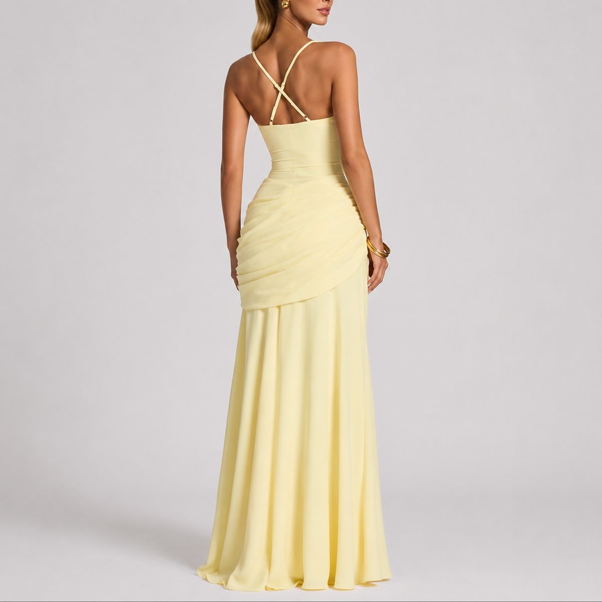 Women's Ruched Square-Neck Maxi Fall Wedding Guest Dress - Close-Up Texture & Detail | Lavisa