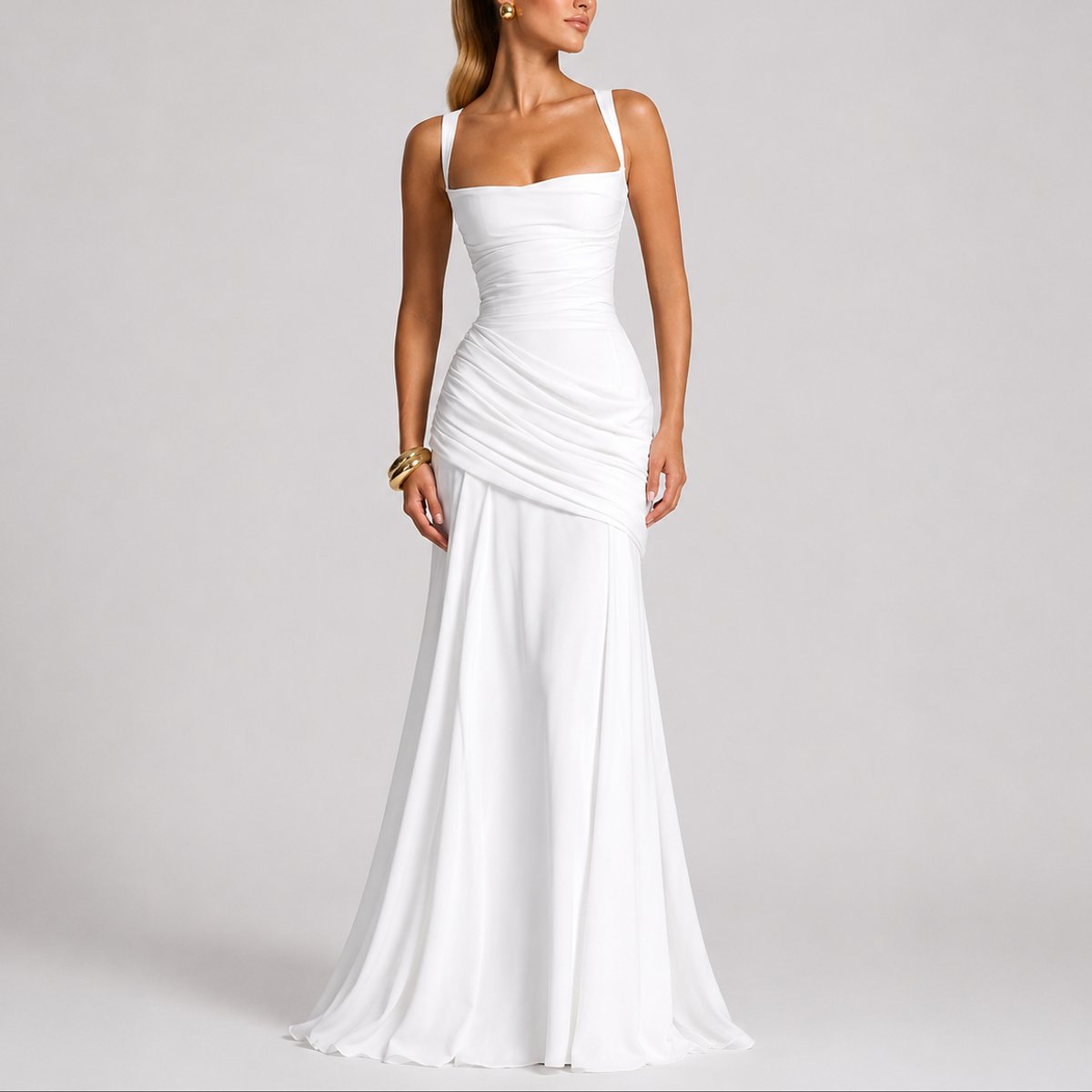 Women's Ruched Square-Neck Maxi Fall Wedding Guest Dress - Sole & Material View | Lavisa
