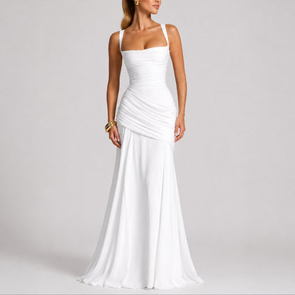 Women's Ruched Square-Neck Maxi Fall Wedding Guest Dress - Sole & Material View | Lavisa