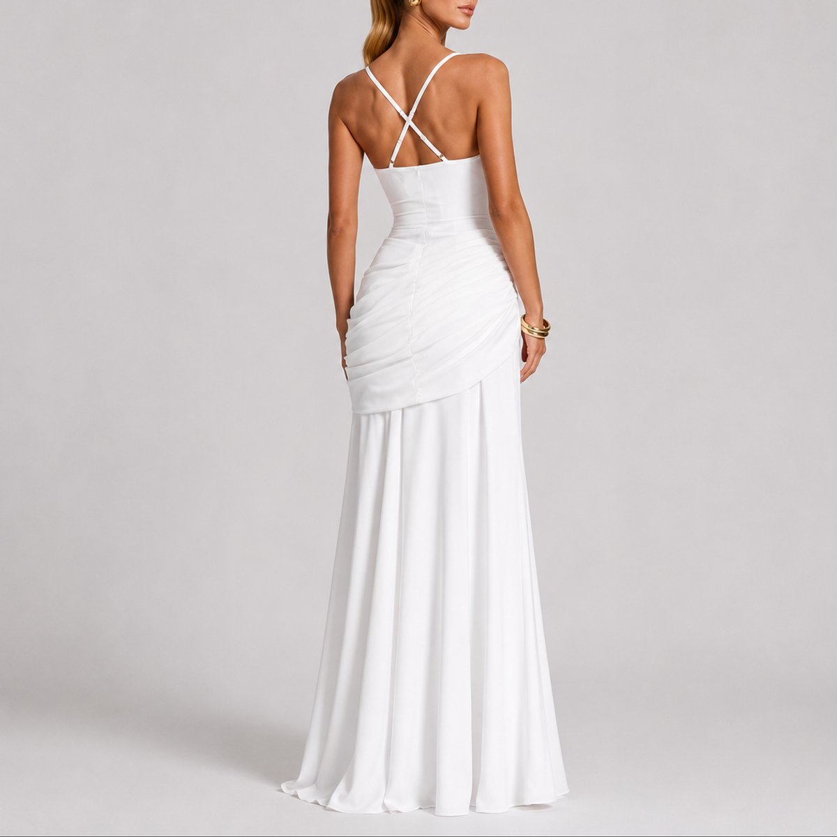Women's Ruched Square-Neck Maxi Fall Wedding Guest Dress - Lifestyle & Model Angle | Lavisa