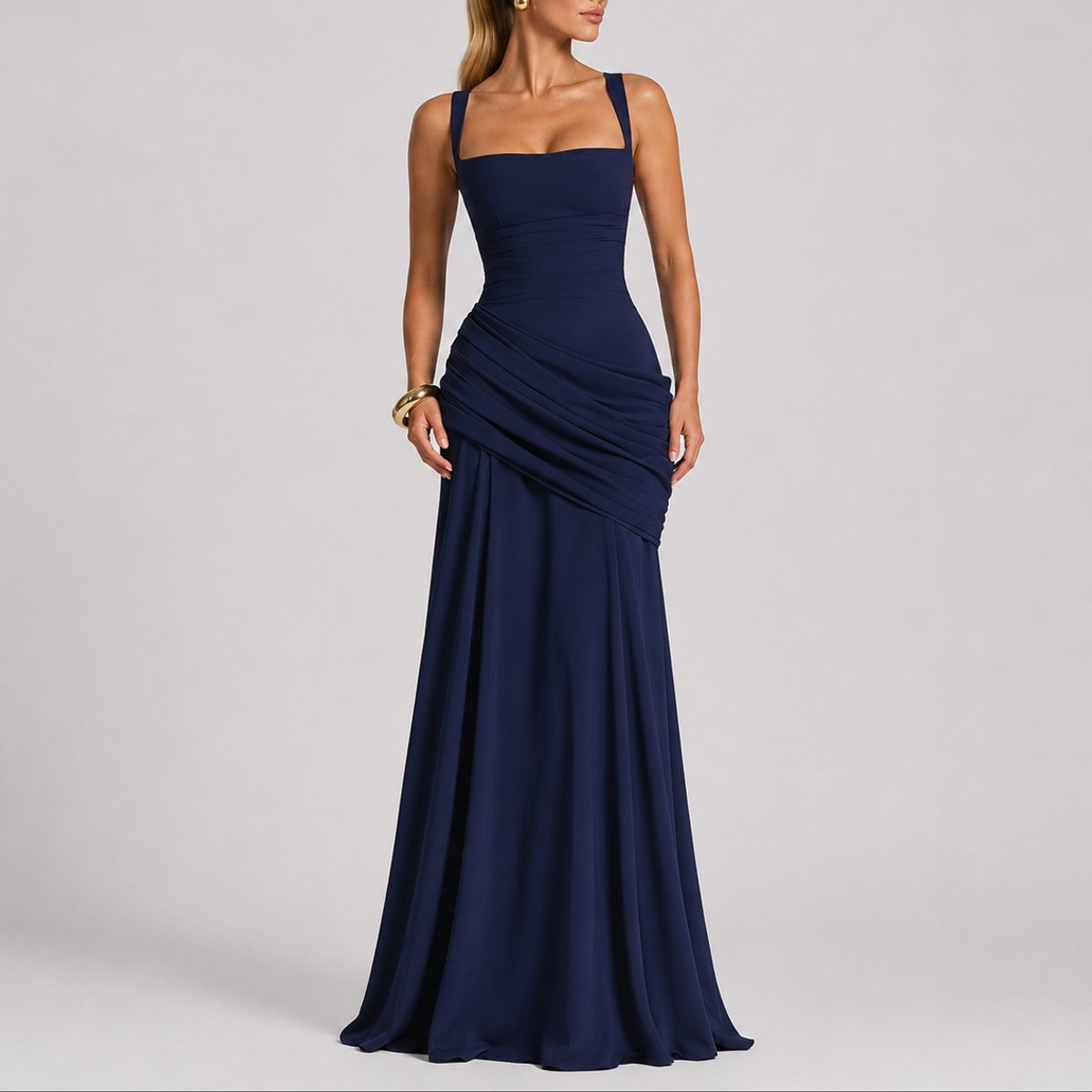 Women's Ruched Square-Neck Maxi Fall Wedding Guest Dress - Variant Angle | Lavisa
