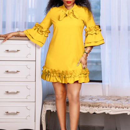Women's Ruffle-Hem Bow-Neck Mini Tunic Dress - Back View | Lavisa