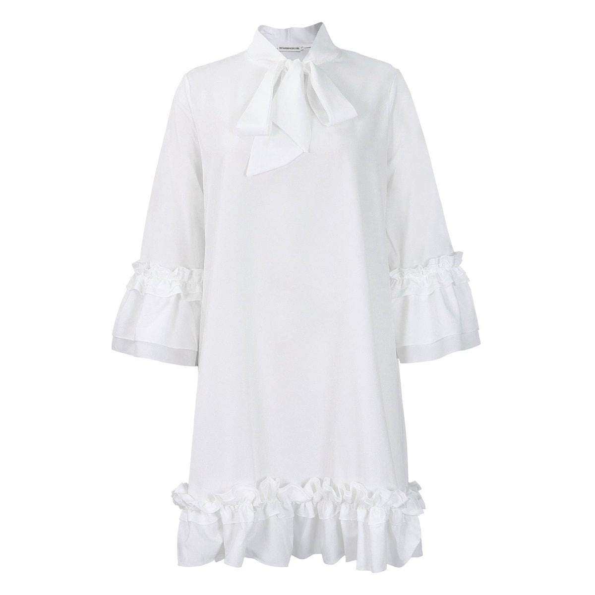 Women's Ruffle-Hem Bow-Neck Mini Tunic Dress - Lifestyle & Model Angle | Lavisa