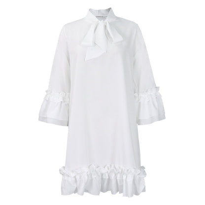 Women's Ruffle-Hem Bow-Neck Mini Tunic Dress - Lifestyle & Model Angle | Lavisa