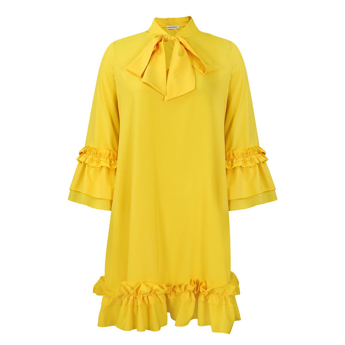 Women's Ruffle-Hem Bow-Neck Mini Tunic Dress - Variant Angle | Lavisa
