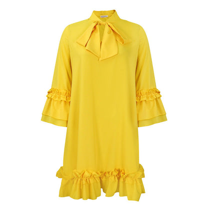 Women's Ruffle-Hem Bow-Neck Mini Tunic Dress - Variant Angle | Lavisa