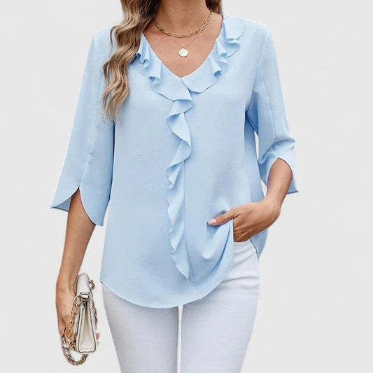 Lavisa - Women's Ruffle V-Neck Three-Quarter Sleeve Chiffon Blouse