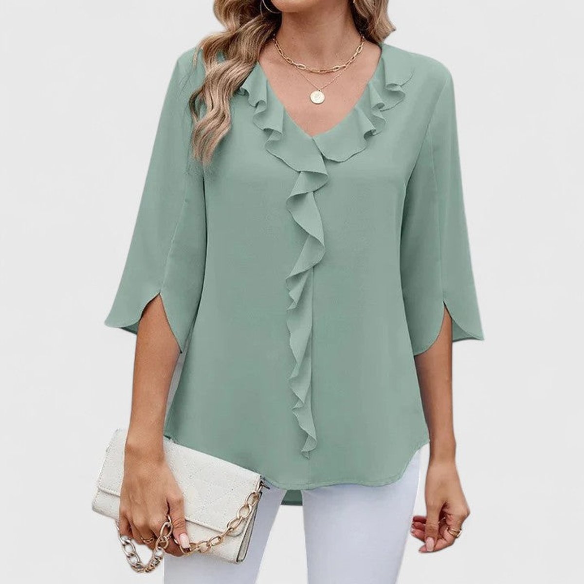Women's Ruffle V-Neck Three-Quarter Sleeve Chiffon Blouse - Variant Style 11 | Lavisa