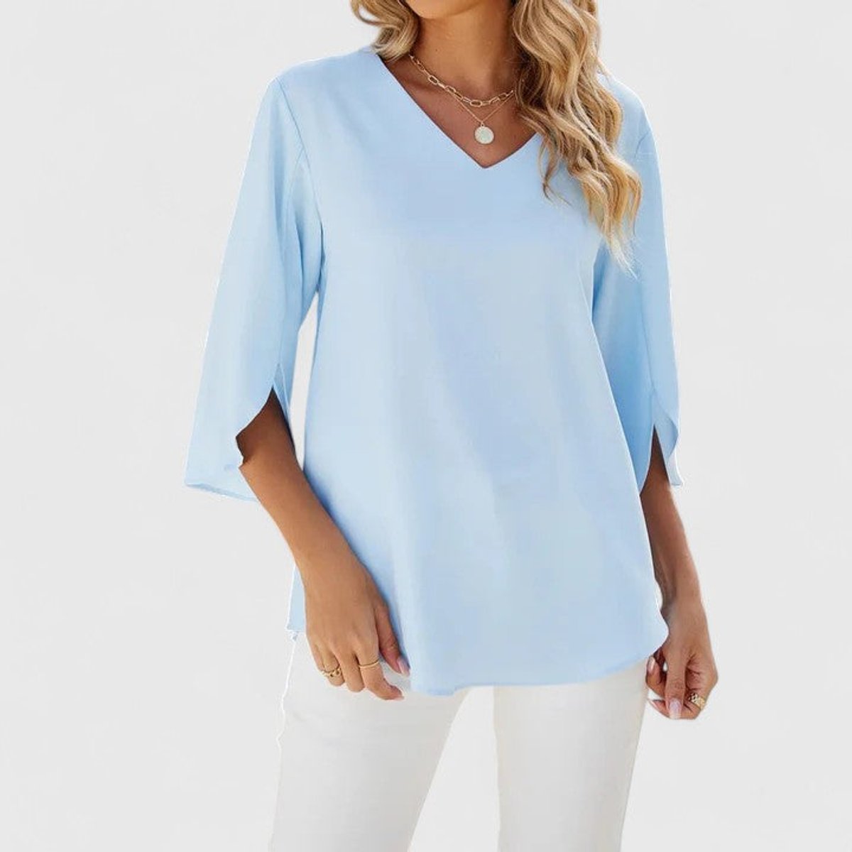 Women's Ruffle V-Neck Three-Quarter Sleeve Chiffon Blouse - Side Angle | Lavisa