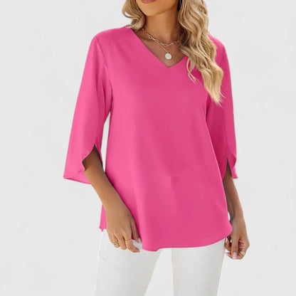 Women's Ruffle V-Neck Three-Quarter Sleeve Chiffon Blouse - Back View | Lavisa