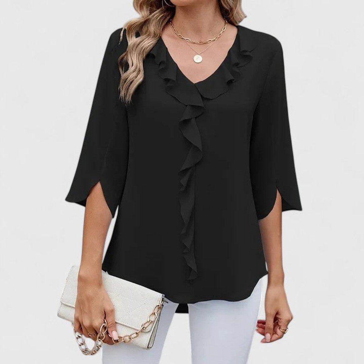 Women's Ruffle V-Neck Three-Quarter Sleeve Chiffon Blouse - Close-Up Texture & Detail | Lavisa