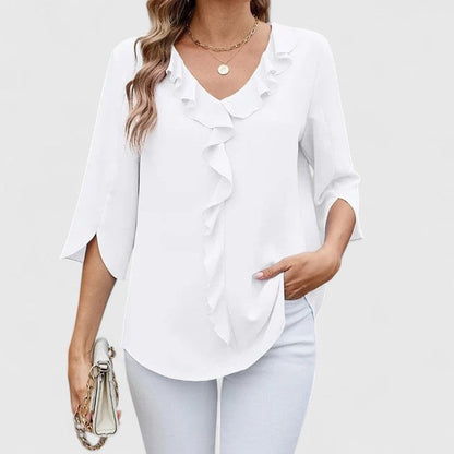 Women's Ruffle V-Neck Three-Quarter Sleeve Chiffon Blouse - Sole & Material View | Lavisa