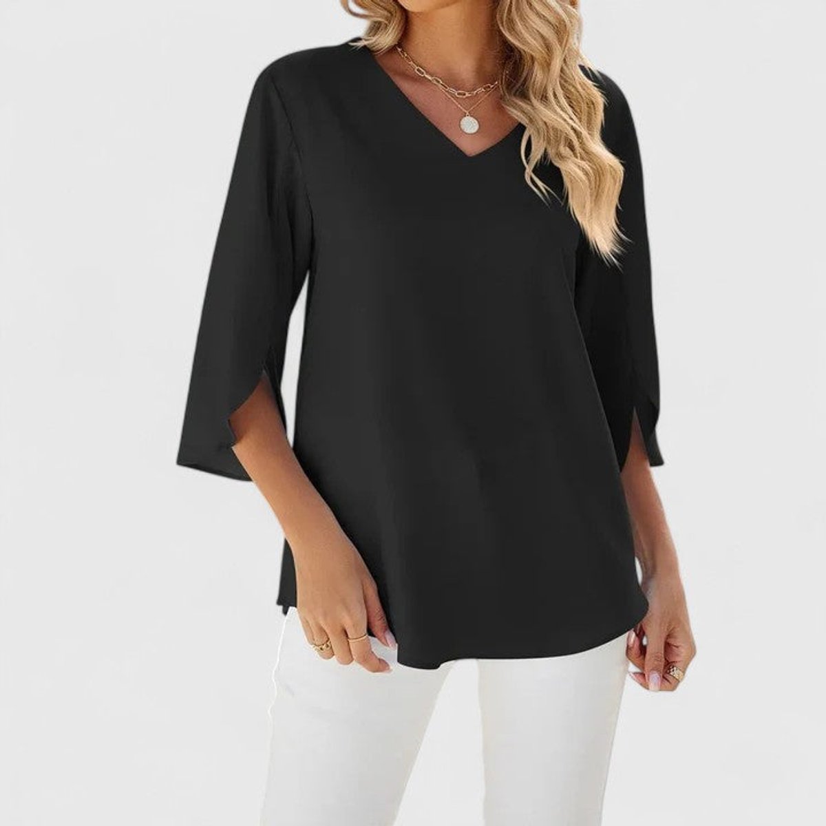 Women's Ruffle V-Neck Three-Quarter Sleeve Chiffon Blouse - Lifestyle & Model Angle | Lavisa