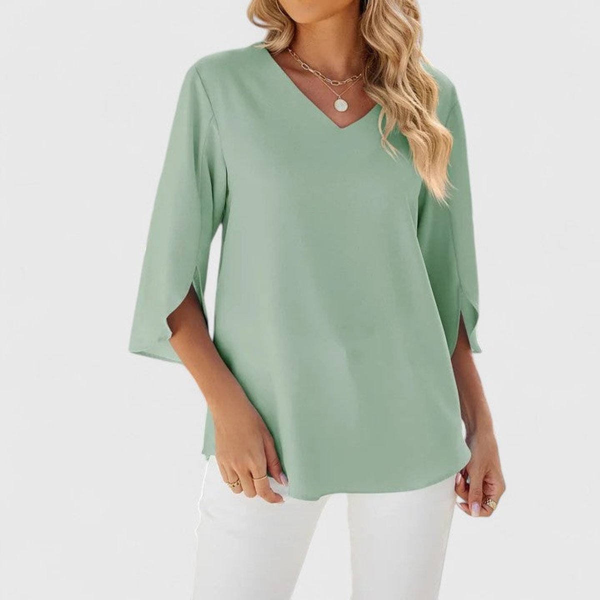 Women's Ruffle V-Neck Three-Quarter Sleeve Chiffon Blouse - Variant Angle | Lavisa