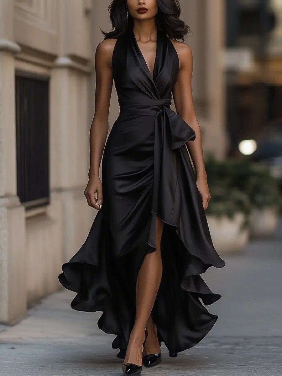 Lavisa - Satin Halter High-Low Cocktail Dress