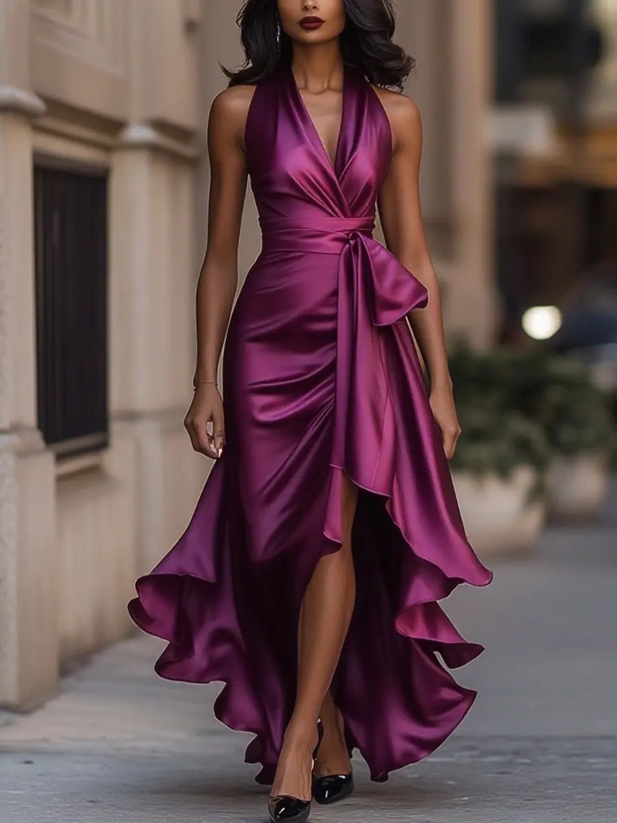 Lavisa - Satin Halter High-Low Cocktail Dress