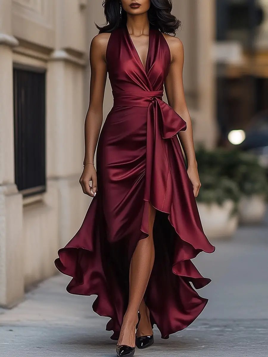 Lavisa - Satin Halter High-Low Cocktail Dress