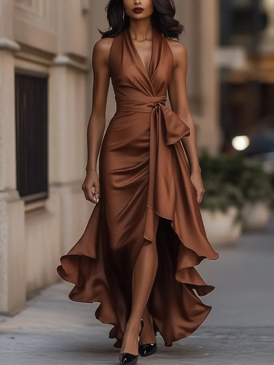 Lavisa - Satin Halter High-Low Cocktail Dress