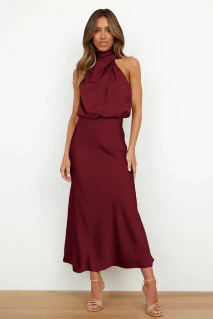 Women's Halter-Neck Midi Cocktail Dress - Lifestyle & Model Angle | Lavisa