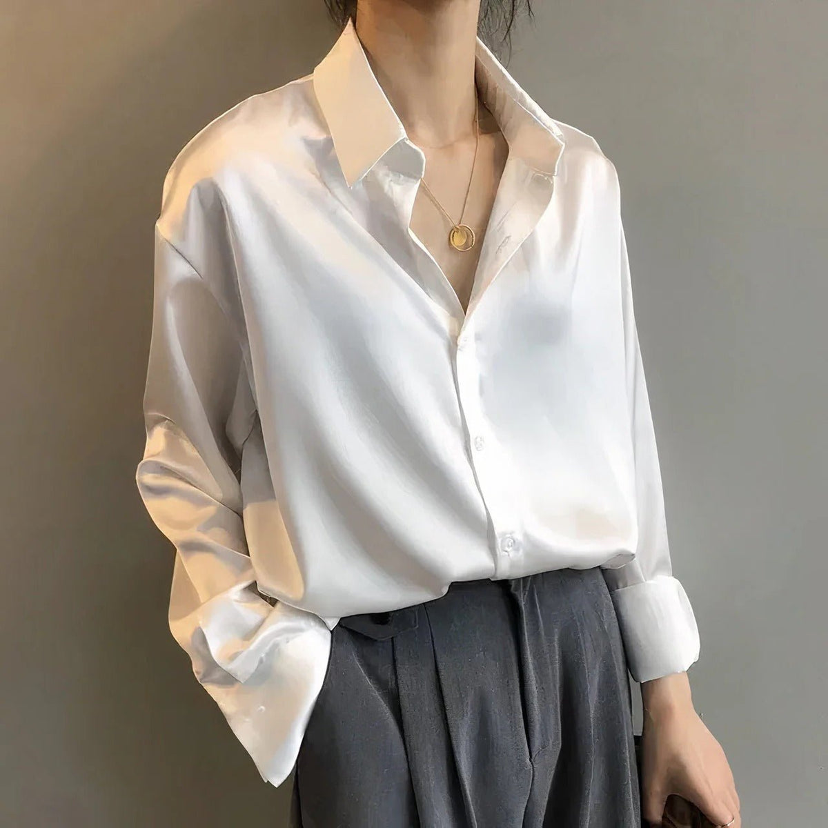 Women's Satin Long-Sleeve Button-Down Blouse - Side Angle | Lavisa