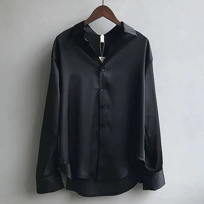 Women's Satin Long-Sleeve Button-Down Blouse - Back View | Lavisa