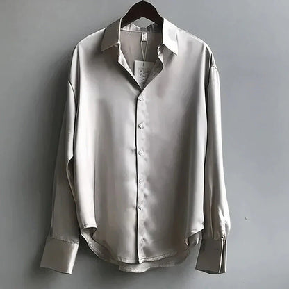 Women's Satin Long-Sleeve Button-Down Blouse - Close-Up Texture & Detail | Lavisa