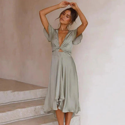 Women's Satin Midi Dress Deep V-Neck Flutter Sleeve Tie-Front - Side Angle | Lavisa