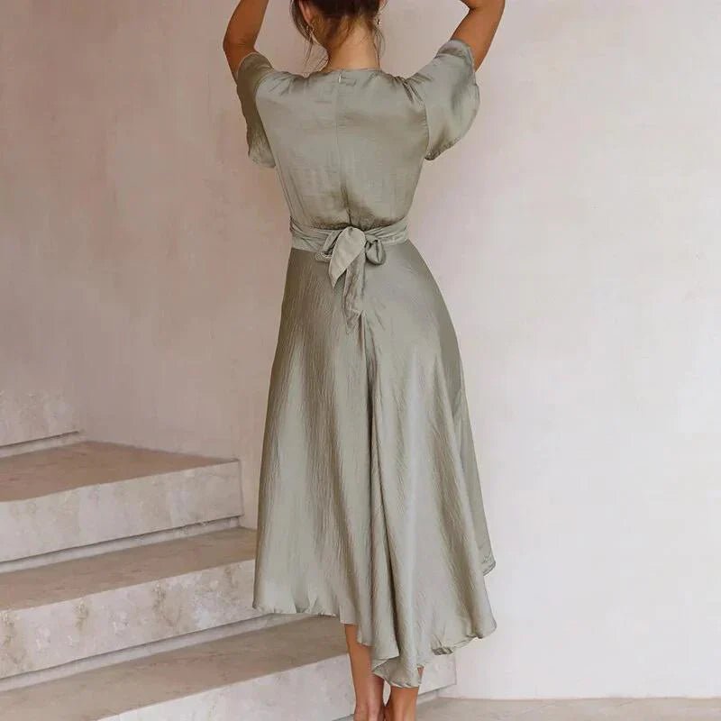 Women's Satin Midi Dress Deep V-Neck Flutter Sleeve Tie-Front - Sole & Material View | Lavisa