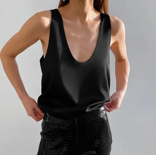 Lavisa - Women's Satin Sleeveless Plunging U-Neck Relaxed Tank Top