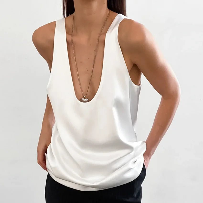 Women's Satin Sleeveless Plunging U-Neck Relaxed Tank Top - Variant Style 10 | Lavisa