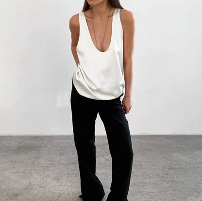 Women's Satin Sleeveless Plunging U-Neck Relaxed Tank Top - Back View | Lavisa