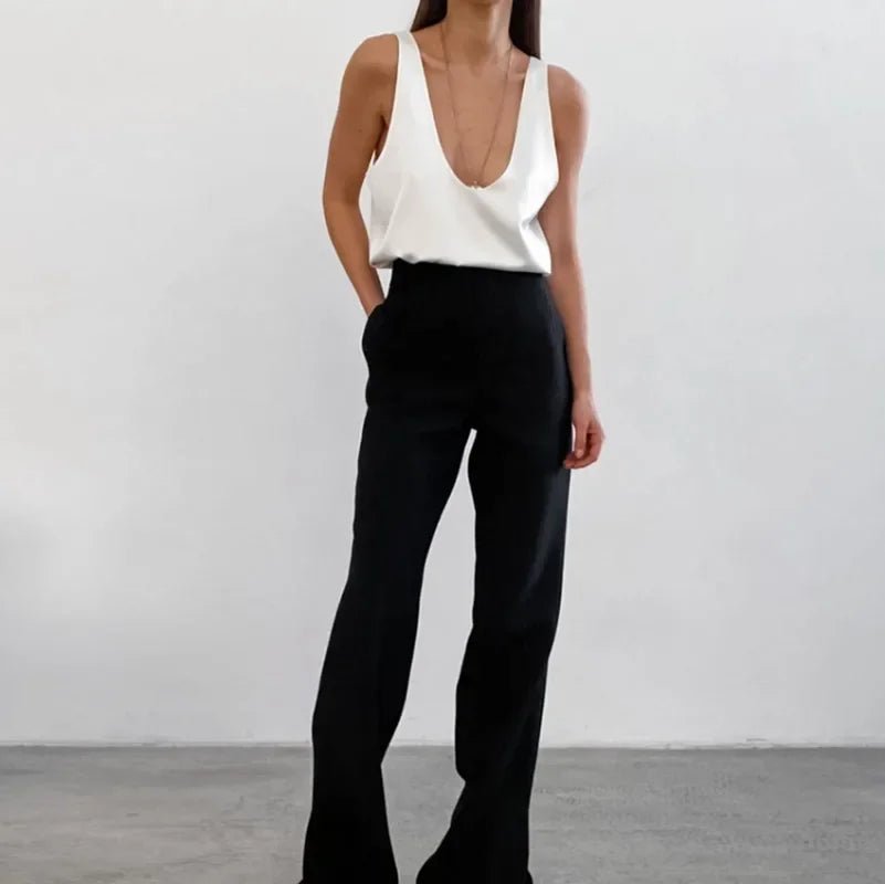 Women's Satin Sleeveless Plunging U-Neck Relaxed Tank Top - Close-Up Texture & Detail | Lavisa